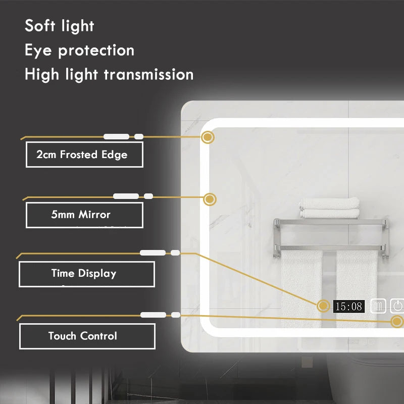 50X70cm Rectangular Smart Demist Bathroom Mirror 3 Color Adjustable LED Multifunction LIght With Brightness Sensory Switch