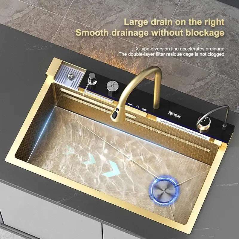 Luxury Black Golden Smart Waterfall Kitchen Sink Integrated Multifunction Digital Display Set Stainless Steel Large Single Slot