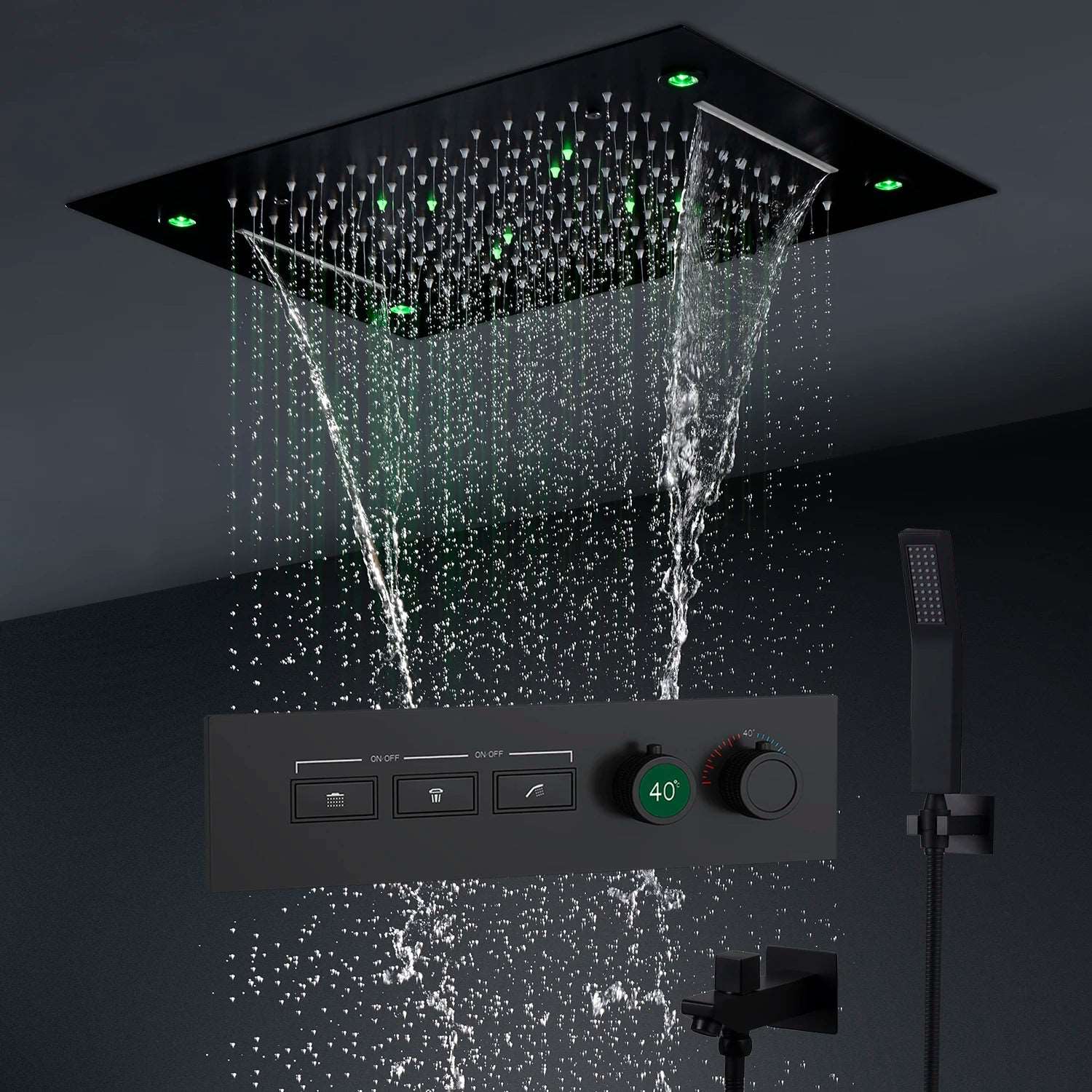 Bathroom Black LED Shower Head Faucet Set 20*14inch Rainfall Waterfall System Constant Temperature Smart Digital Mixer Valve Kit
