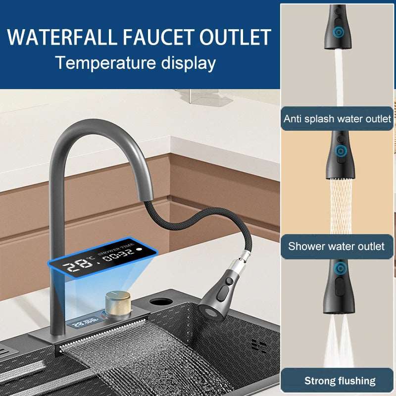 Multifunctional Kitchen Sink Stainless Steel Waterfall Sink For Kitchen Dishwasher Nano Large Single Slot Wash Basin smart Sink
