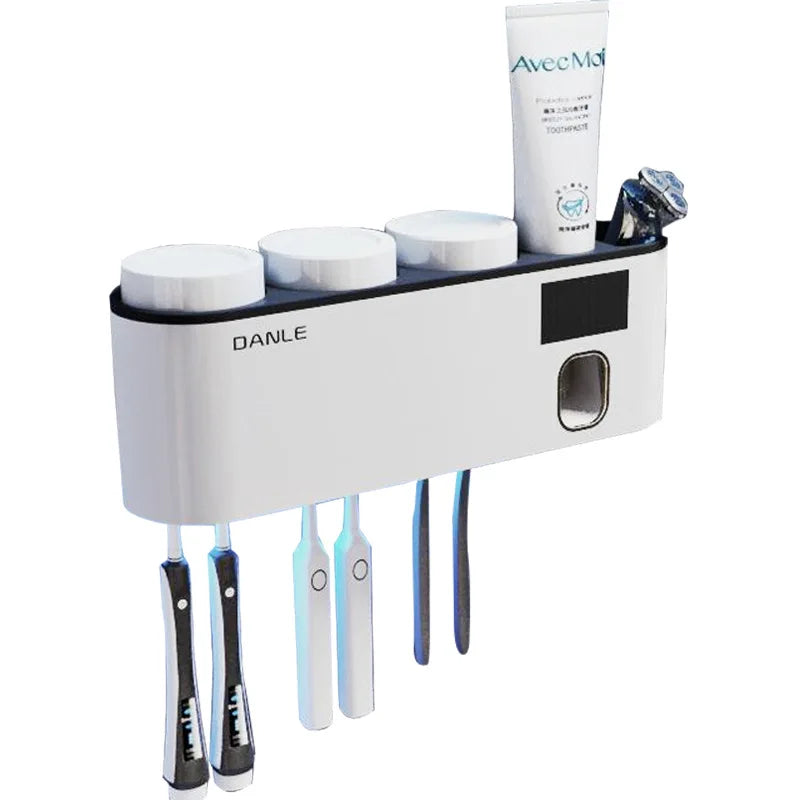 Multi-Functional Smart Toothbrush Holder Wall-Mounted Toothbrush Cup Holder Bathroom Shelf Toothpaste Dispenser