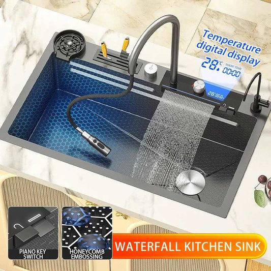 Smart Kitchen Sink Waterfall Faucet Large Dishwasher Digital Display Multifunction Stainless Steel Sink Single Bowl Washbasin