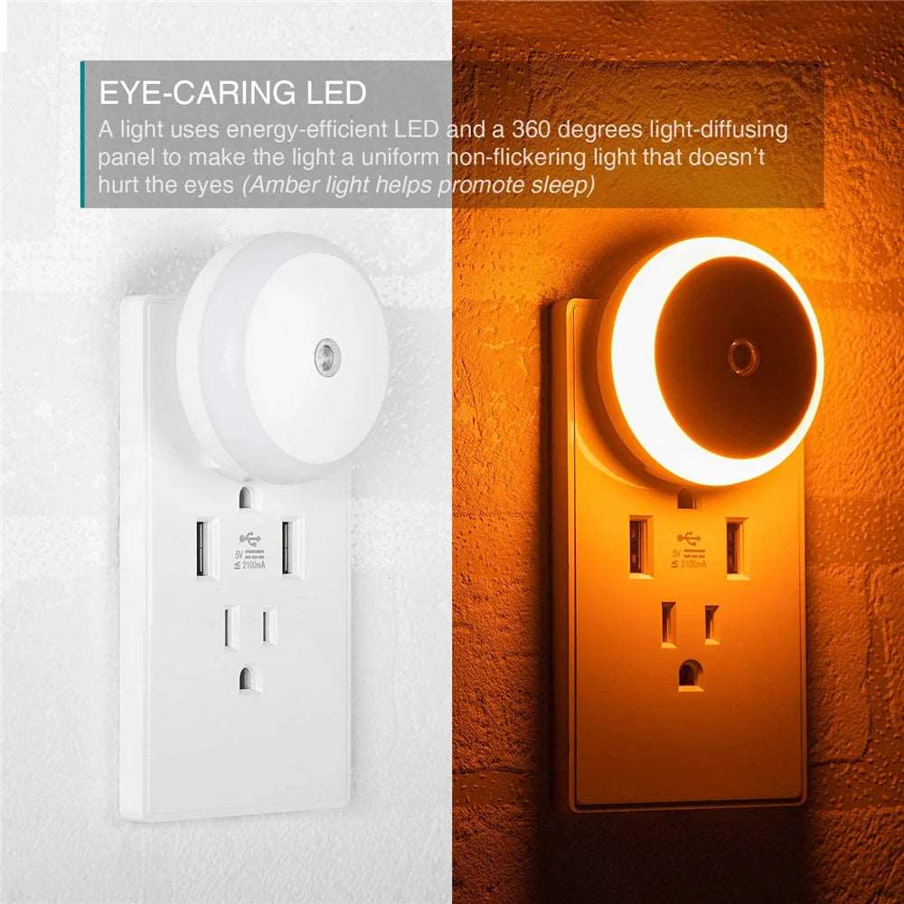 LED Night Light Smart Night Sensor Round Plug in Wall Night Lamp Bathroom Home Kitchen Hallway Staireway Bedroom Nightlight