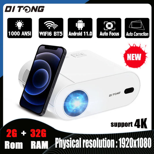 DITONG Projector 4K with WiFi 6 and Bluetooth Auto Keystone Auto Focus Home Theatre FHD Native 1080P Outdoor Movie